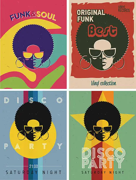 Vector illustration of Disco party event flyers set. Collection of the vintage posters.