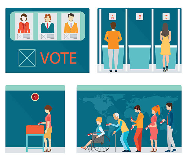 ilustrações, clipart, desenhos animados e ícones de informação estampa de cabines de votação com pessoas esperando na fila. - urna eletrônica