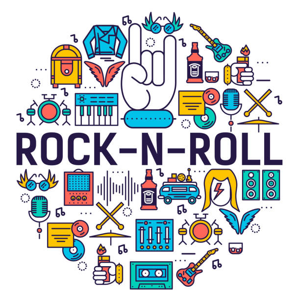 ilustraciones, imágenes clip art, dibujos animados e iconos de stock de rock ' roll círculo marco conjunto de iconos de - thumb piano illustrations