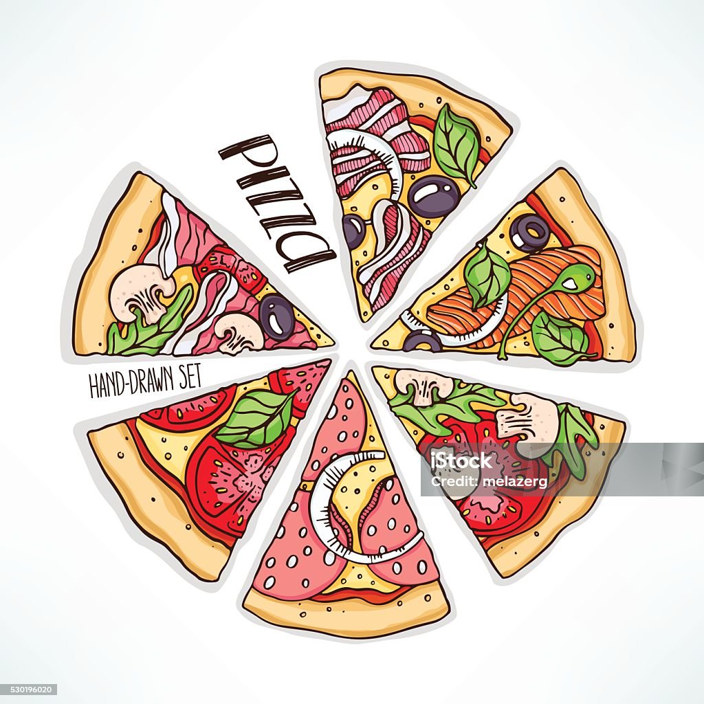 pizza with various stuffing a few slices of pizza with various stuffing. hand-drawn illustration Bacon stock vector