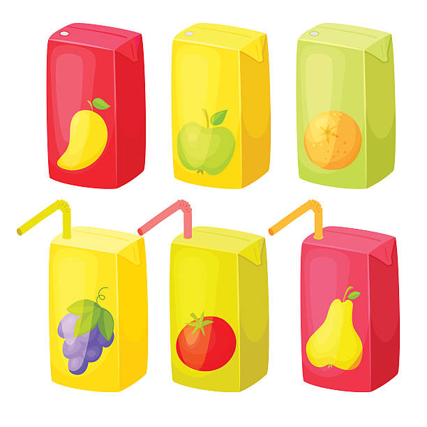 Juice package set Juice package set. Juice box with straw. Healthy fruit snack in packaging. Fruit juise packing. Apple, orange, tomato, grape, pear, mango juice in package. Baby food. Juice for child in box. Drink juice carton stock illustrations