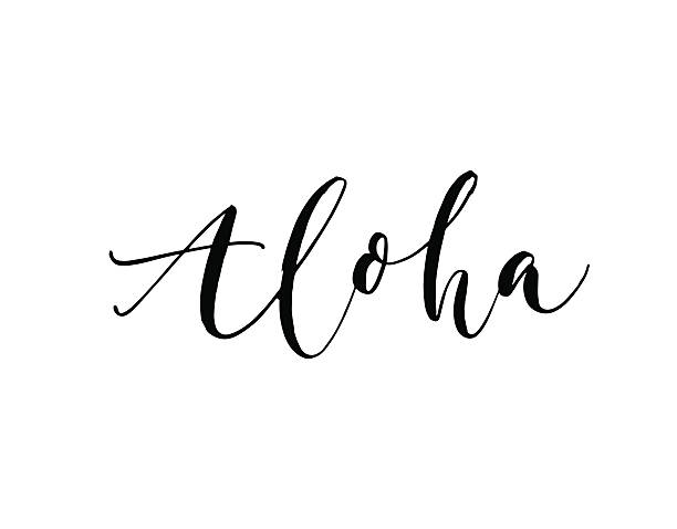 Hand drawn aloha card. Aloha card. Hand drawn greeting phrase. Hello on hawaiian. Ink illustration. Hand drawn lettering background. Isolated on white background. Positive quote. aloha single word stock illustrations