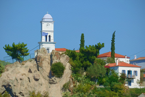 Poros island in Greece. Photography rendered as painting with texture.