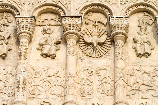 The Carvings on the outside of the St. Demetrius Cathedral in Vladimir in Russia.