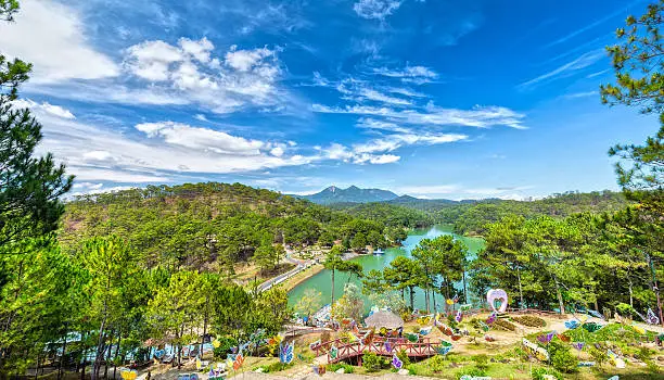 Dalat Love Valley on beautiful sunny day with a large pine forest in the valley lakes create romance for guests as lovers, this is also the landscapes of Lam Dong, Vietnam