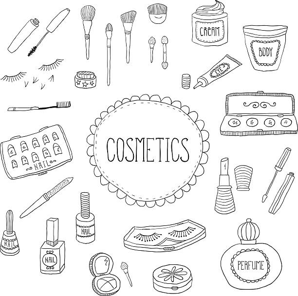 uroda, kosmetyki i doodles ikony - brushing women make up ceremonial makeup stock illustrations
