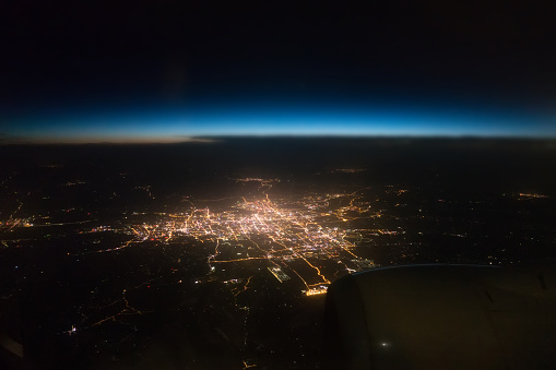 View city night  from the window of an airplane