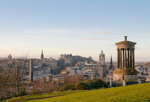 Winter view of Edinburgh in  Scotland from Calton Hill  with the Dugald Stewart Monument in the foreground