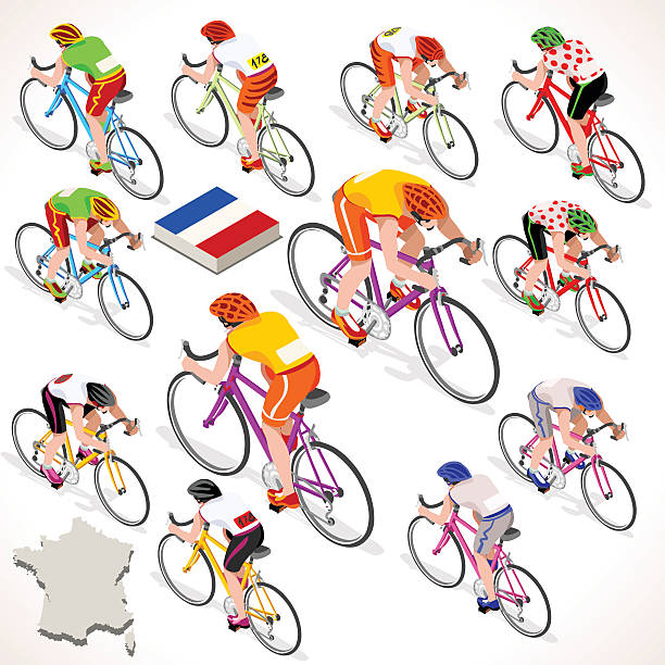 Cyclist Tour France Isometric People France racing cyclist group riding bicycle path. Vector cyclist icon. Cyclist icons. Flat 3D isometric people set of vector cyclist and bicycle icons. Isometric bicycle group Cycling race icons. cycle racing stock illustrations