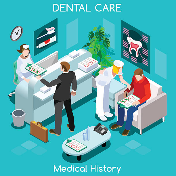 ilustrações de stock, clip art, desenhos animados e ícones de dentista a história clínica do doente antes do médico visitar a sala de espera do hospital - dentist surgery dental hygiene using voice