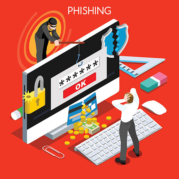 ilustrações de stock, clip art, desenhos animados e ícones de pirata informático phishing infográfico 3d conceito apartamento projeto de lixo pessoas minibarra de ferramentas - thief stealing identity computer