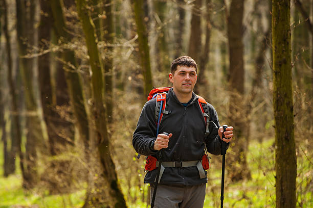 istock Male hiker looking to the side walking in forest 530208374
