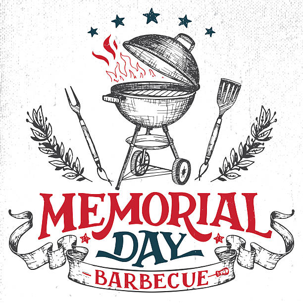 Memorial Day greeting card barbecue invitation Memorial Day barbecue holiday greeting card. Hand-lettering cookout BBQ party invitation. Sketch of barbecue charcoal kettle grill with tools. Vintage typography illustration isolated on white memorial day weekend stock illustrations