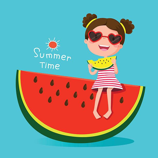 かわいい女の子スイカを食べる - relaxation vacations heat sunglasses点のイラスト素材／クリップアート素材／マンガ素材／アイコン素材