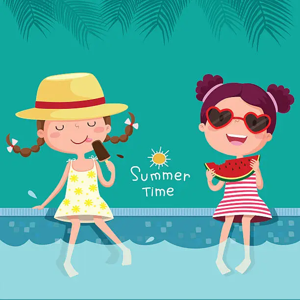 Vector illustration of Two girls eating ice cream and watermelon at the pool