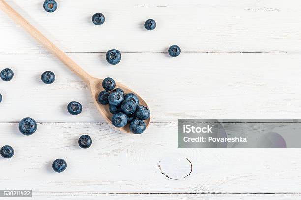 Blueberry On Wooden Spoon Flat Lay Top View Stock Photo - Download Image Now - Blueberry, Directly Above, Berry Fruit