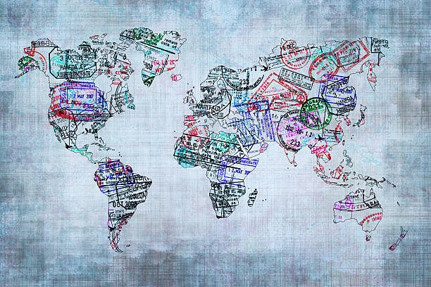 mapa mundial creado con pasaporte estampillas, viajes concepto de - passport stamp customs document emigration and immigration fotografías e imágenes de stock