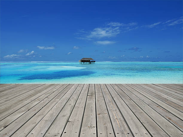 istock Wooden platform beside tropical lagoon 530225725