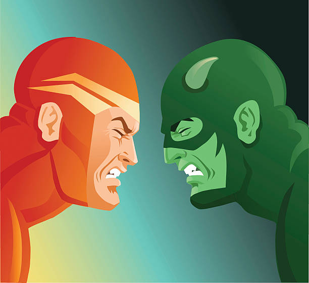 illustrazioni stock, clip art, cartoni animati e icone di tendenza di due super eroe di fronte a altro-buona v evil-modo di dire inglese - mask superhero heroes men