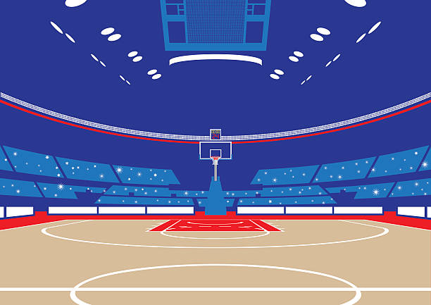 Basketball Arena Illustration of a basketball arena background. All elements are separated in layers. Easy to edit. Black and white version (EPS10,JPEG) included. scoreboard stadium sport seat stock illustrations