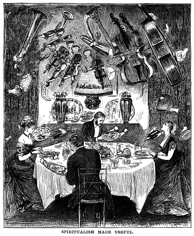 If you are going to indulge in spiritualism, you might as well make it work for you. Here a group of people use the spirits to wait on them at table and play ghostly music for their entertainment. From a bound volume of copies of “Punch Almanack” for 1865-79. Punch was a British magazine newspaper founded in 1841, famous for its humorous and satirical cartoons which were created by some of the foremost illustrators of the day: the Almanack was a supplement.