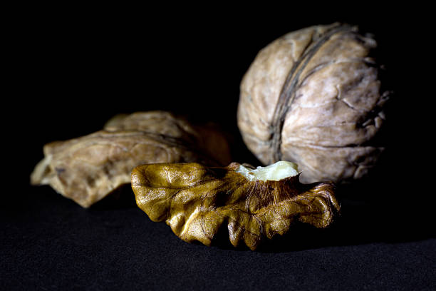 Whole Walnut and a Cracked Walnut Isolated on Black Background