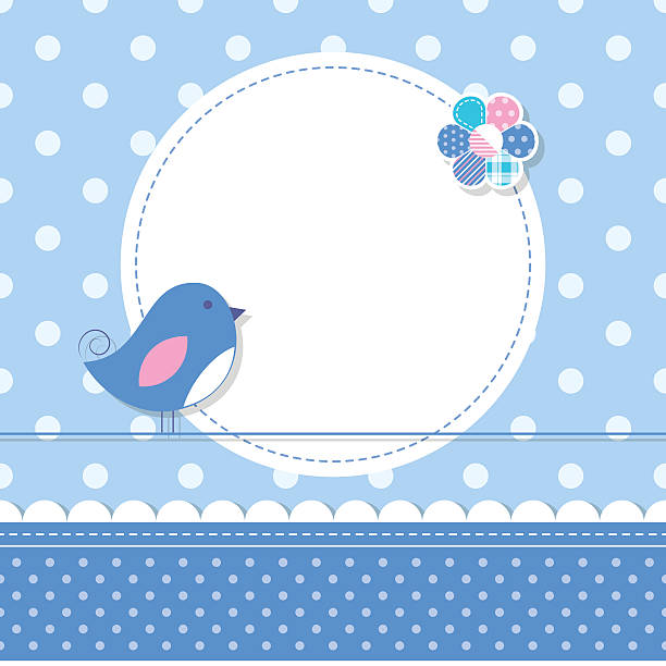 blue bird baby boy greeting card illustration of a baby bird, colorful flower, round label and ribbon on blue polka dot pattern background honeymoon book stock illustrations