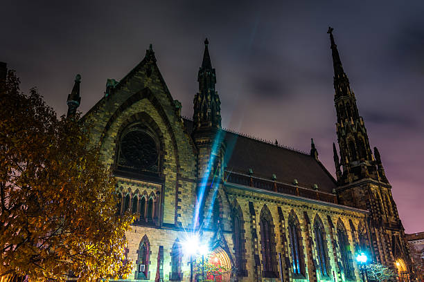 Mount Vernon Place United Methodist Church at night in Baltimore