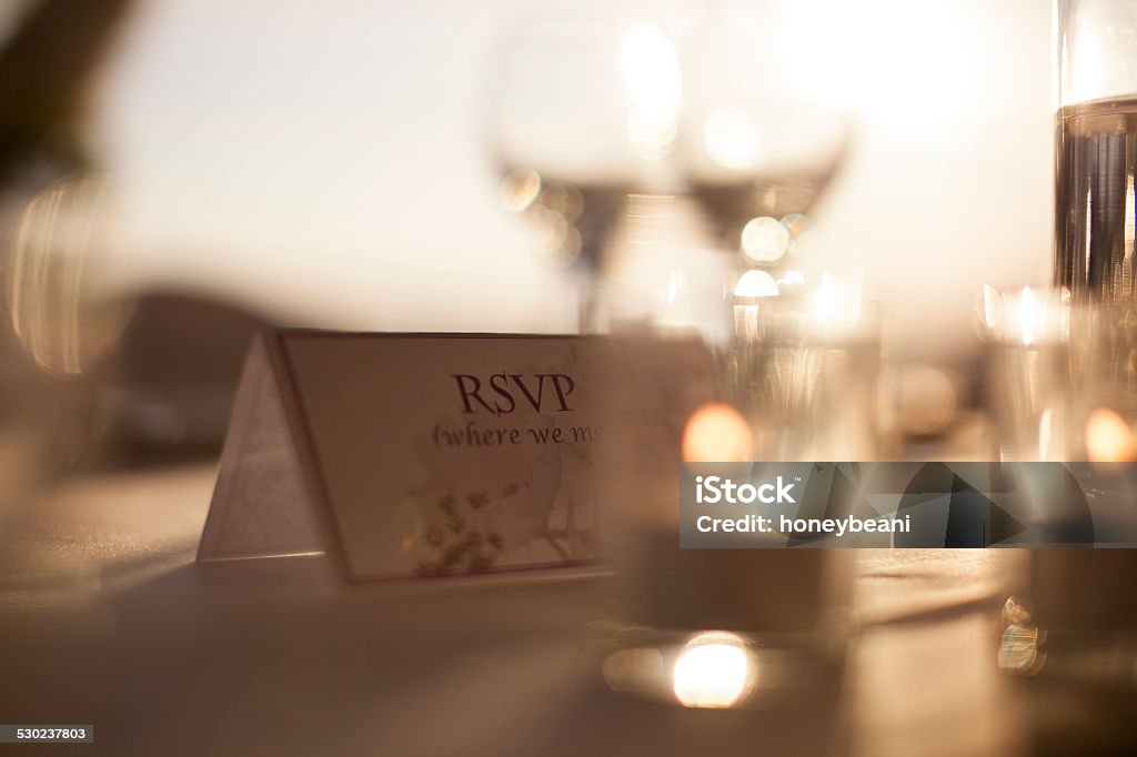 Wedding RSVP Wedding R.S.V.P. place card with dinning table background RSVP Stock Photo