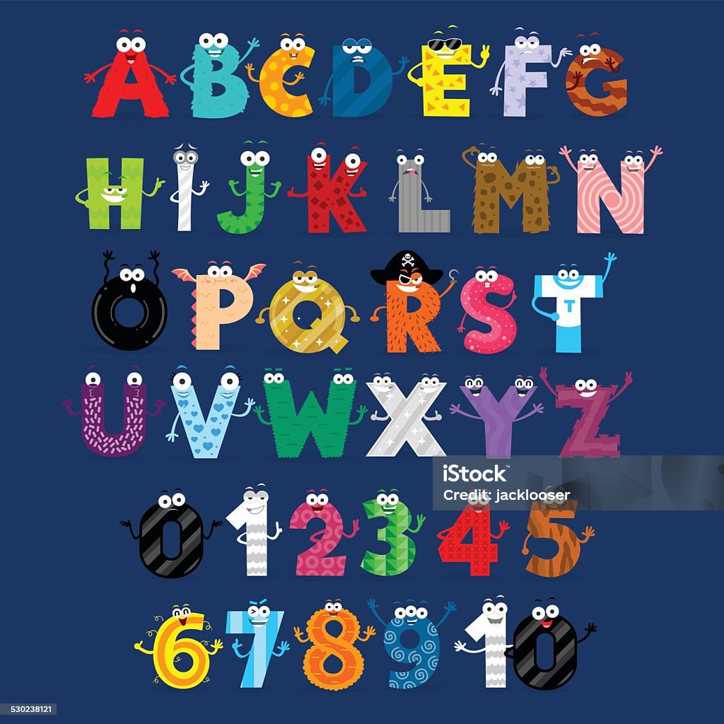 Alphabet & Numbers Monster Cartoon Characters Funny Alphabet (Upper) & Numbers Characters  in Flat Cartoon Style Alphabet stock vector