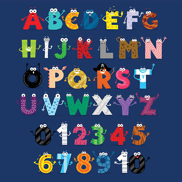 Alphabet & Numbers Monster Cartoon Characters Funny Alphabet (Upper) & Numbers Characters in Flat Cartoon Style a b c stock illustrations