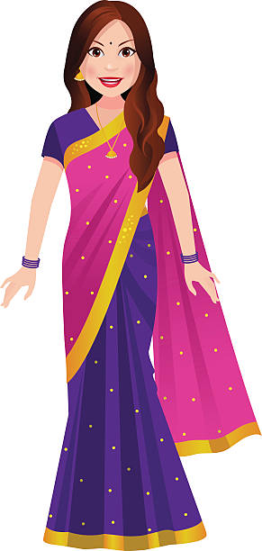 Indian Woman Standing In A Traditional Half And Half Saree Stock  Illustration - Download Image Now - iStock