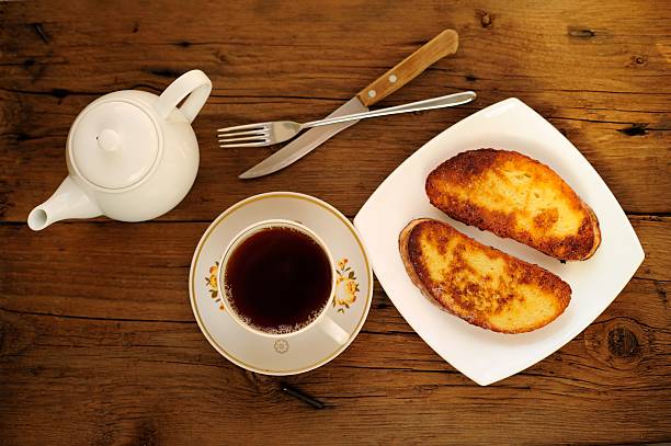istock Two white toasts on white plate with cup of tea 530239963