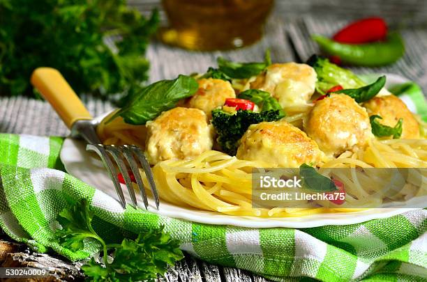 Spaghetti With Chicken Meatballs And Broccoli Stock Photo - Download Image Now - Basil, Bechamel Sauce, Breaded