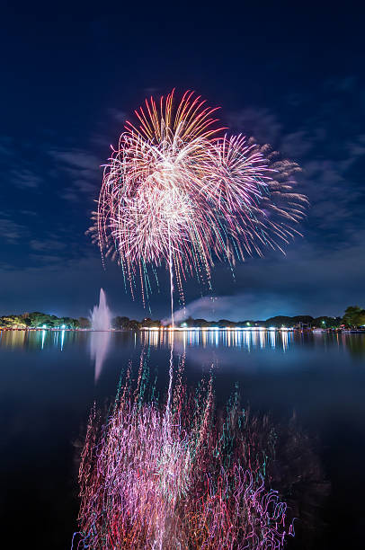 istock colourful fireworks with a reflection on the water for celebrati 530240591
