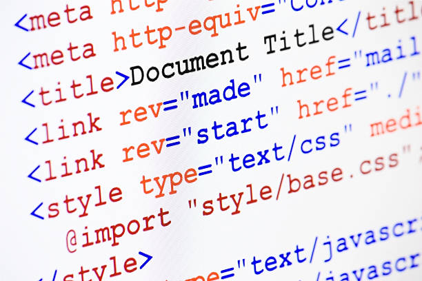 HTML web page source code with document title Web page HTML source code with document title, metadata description and links monitor screenshot diagonal view, small depth of sharpness extensible markup language photos stock pictures, royalty-free photos & images