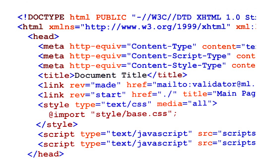 HTML source code of web page with document title, metadata description and links monitor screenshot front view on white background