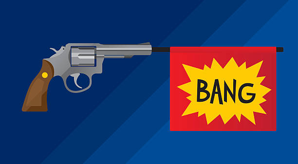 Vector illustration of a revolver gun with a flag sticking out the barrel that says "bang".