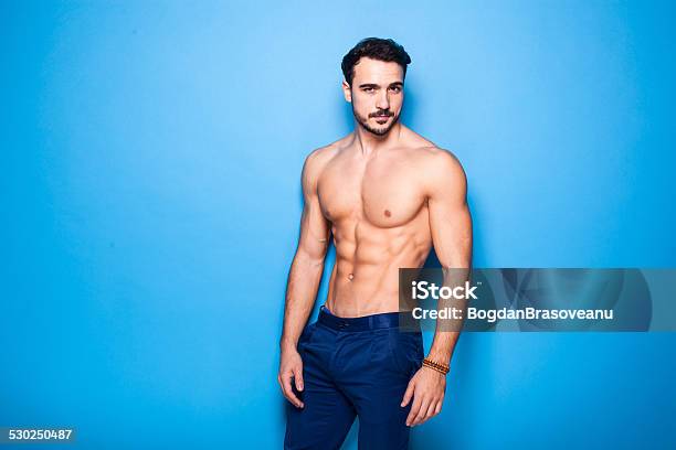 Shirtless Man With Beard On Blue Background Stock Photo - Download Image Now - 30-34 Years, 30-39 Years, Adult