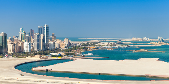Bird view panorama of Manama city, Bahrain. Skyline with modern skyscrapers on the coast of Persian Gulf