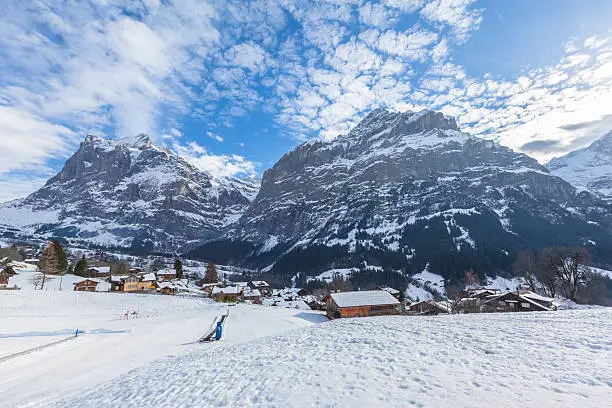 Wetterhorn and Schreckhorn of Grindelwald in Winter, Swiss Alps, Switzerland