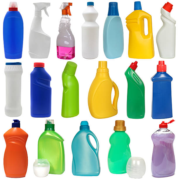 istock cleaning equipment .18 colored plastic bottles with Detergent isolated on 530260431