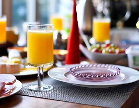 Breakfast with fresh orange juice.