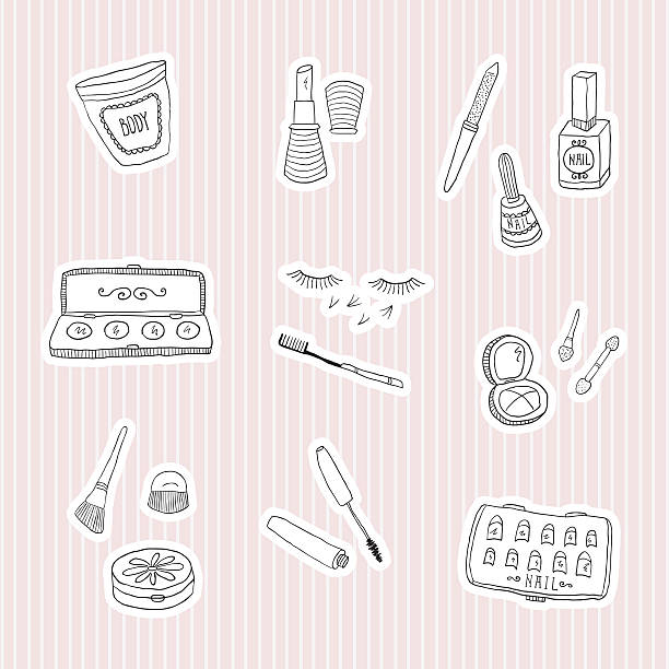 ilustrações de stock, clip art, desenhos animados e ícones de conjunto autocolantes de beleza e cosméticos ícones rabiscos - toenail hair salon cosmetics make up
