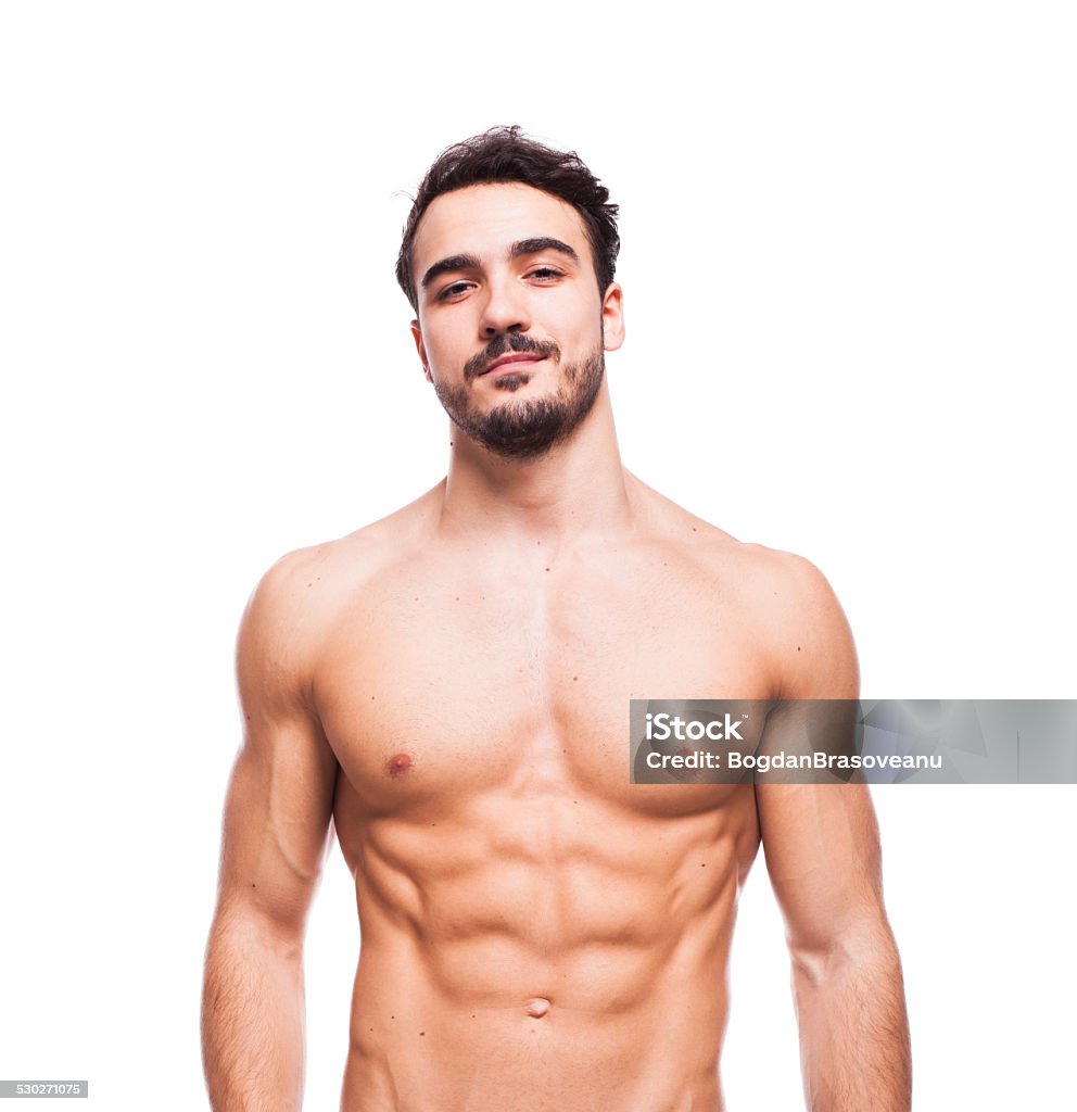 handsome adult man with healthy athletic body healthy athletic young man with muscle, half naked, isolated on white Adult Stock Photo