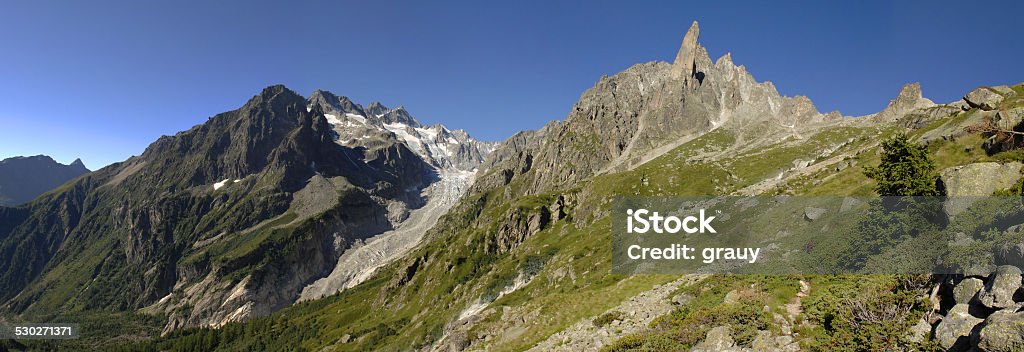 Clocher des Planereuses and glacier of Saleina Stitched panorama composed of 6 pictures. Clocher des Planereuses and glacier of Saleina in the Valley of Arpettes de Saleina - Canton of Valais Switzerland Cliff Stock Photo