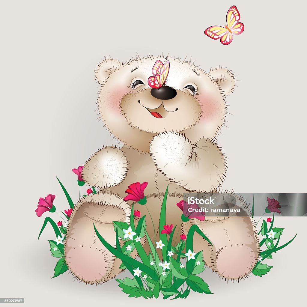 Happy Teddy bear sits in a meadow flowers Adult stock vector