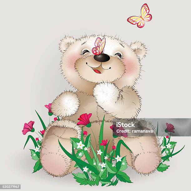Happy Teddy Bear Sits In A Meadow Flowers Stock Illustration - Download Image Now - Adult, Animal, Animal Themes