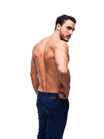 back of an atletic man on white background