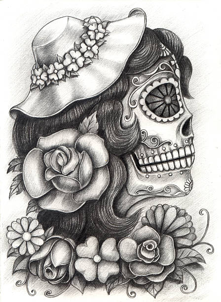 illustrazioni stock, clip art, cartoni animati e icone di tendenza di arte teschio giorno dei morti. - day of the dead skull tattoo mexico